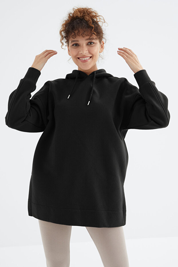 Siyah Reglan Kol Basic Kapüşonlu Oversize Sweatshirt Tunik - 97242 - 5