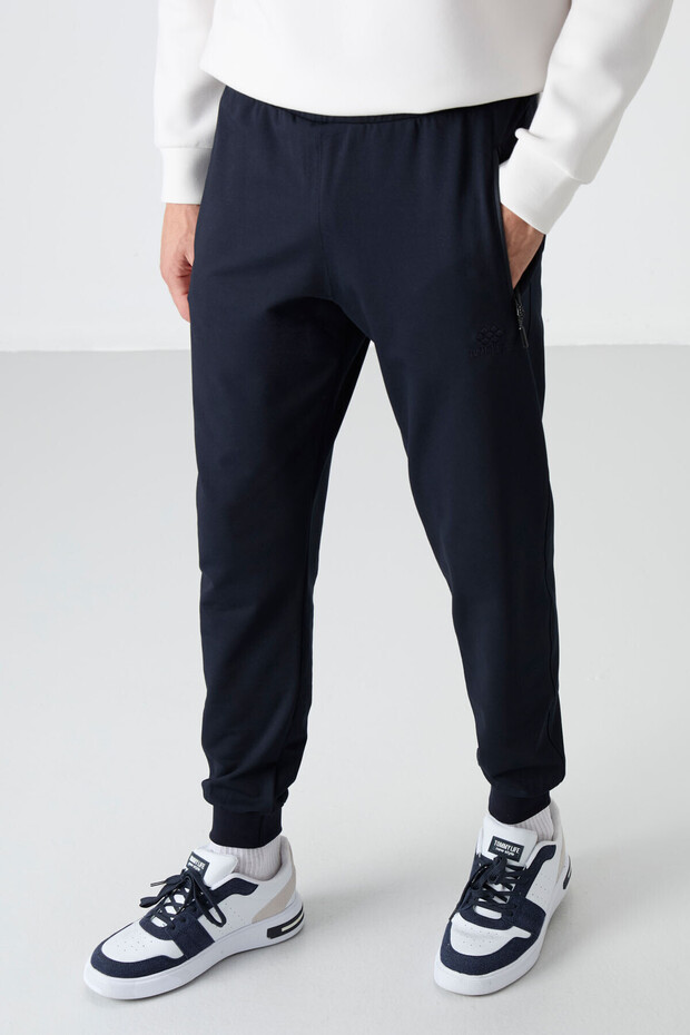 Navy Blue Zipper Pocket Standard Fit Jogger Men's Tracksuit Bottom - 84587