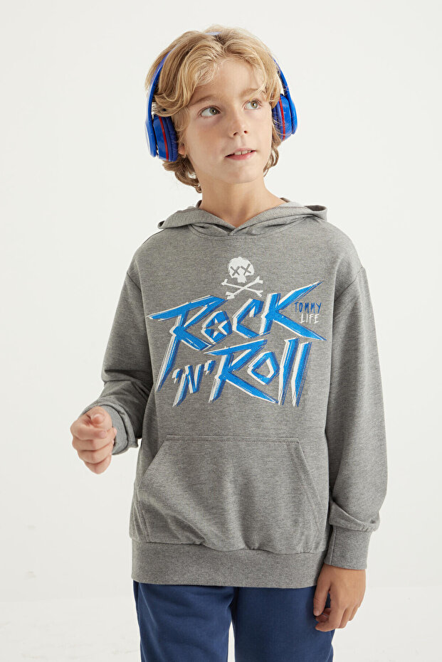 Gray Melange Text Printed Hooded Standard Fit Boys' Sweatshirt with Kangaroo Pocket - 11002