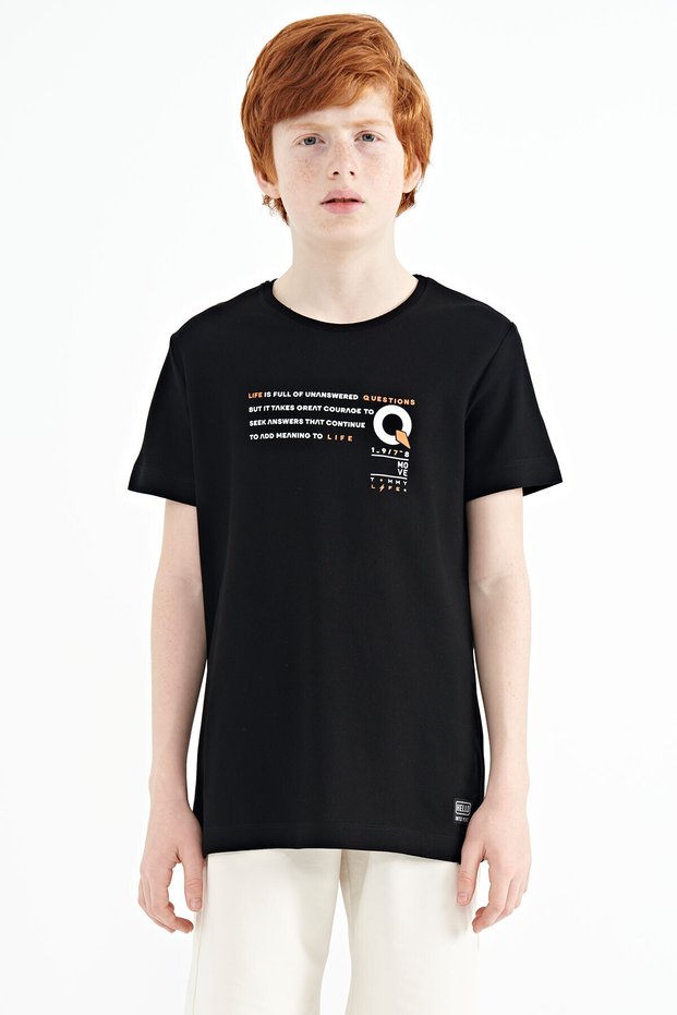Black Print Detailed O Neck Standard Fit Boys T-Shirt - 11145