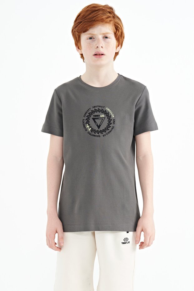 Dark Gray Embroidery Detailed O Neck Standard Fit Boys T-Shirt - 11115