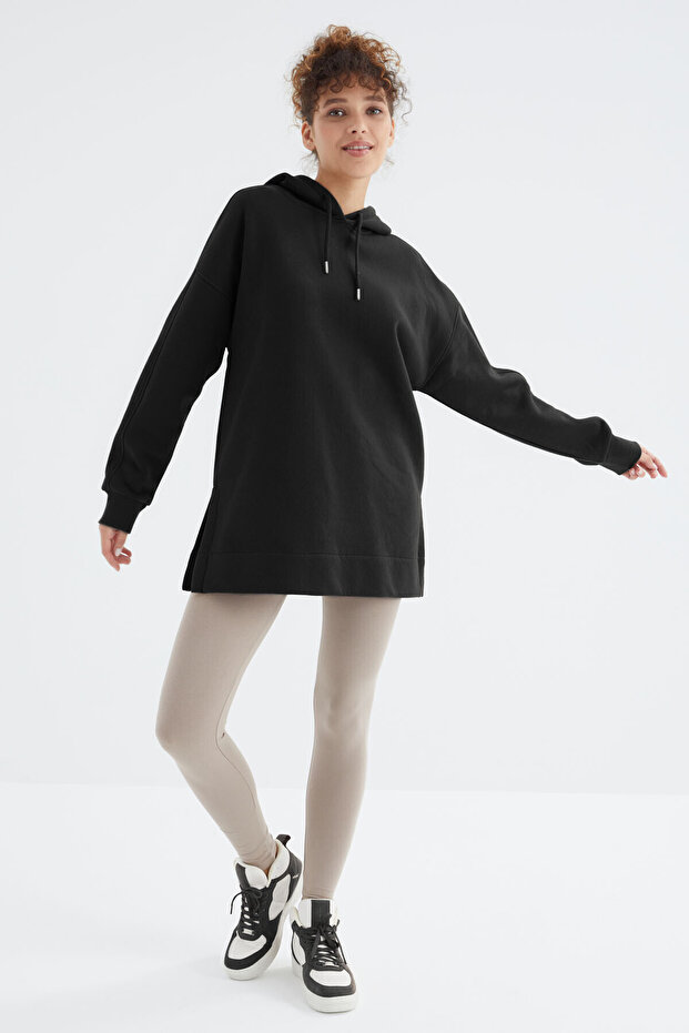Siyah Reglan Kol Basic Kapüşonlu Oversize Sweatshirt Tunik - 97242 - 4