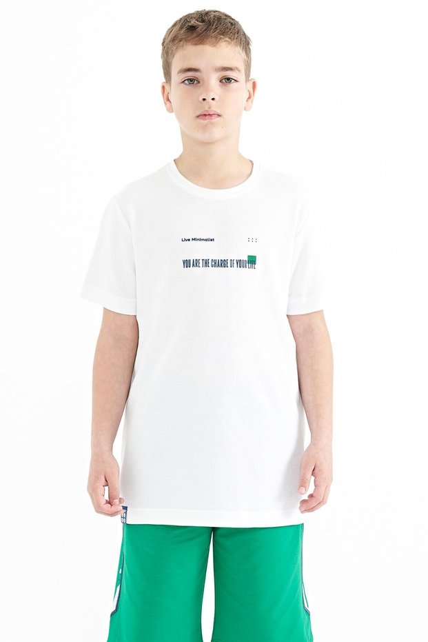 White Print Detailed O Neck Standard Fit Boys T-Shirt - 11117
