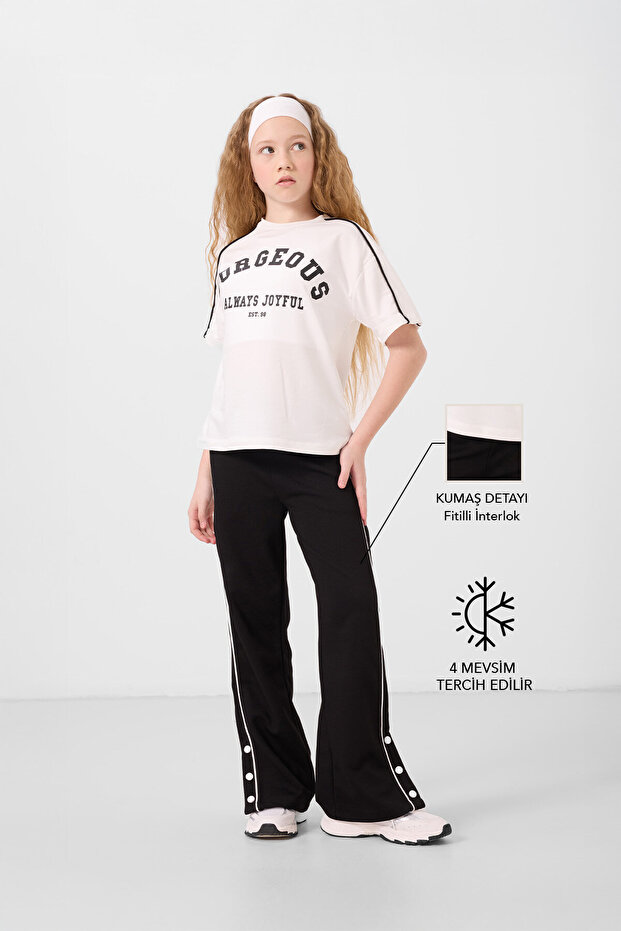 TOMMY LIFE Ekru-Siyah O Yaka Baskılı Geniş Paça Çıt Çıt Detaylı Kız Çocuk Palazzo Eşofman Takım - 75172
