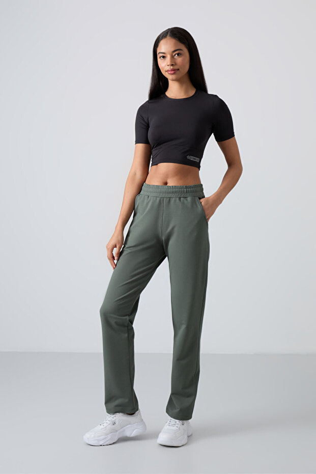Khaki High Waisted Pocketed Comfortable Form Classic Leg Women's Tracksuit Bottom - 94584
