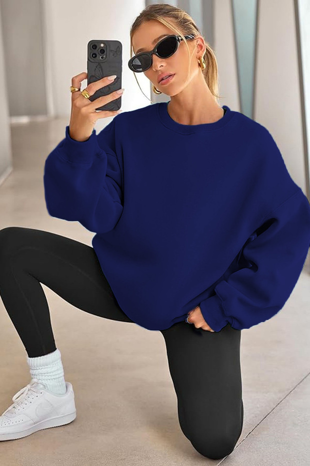 Kadın Bisiklet Yaka Basic Oversize Sweatshirt SAKS MAVİ - 6