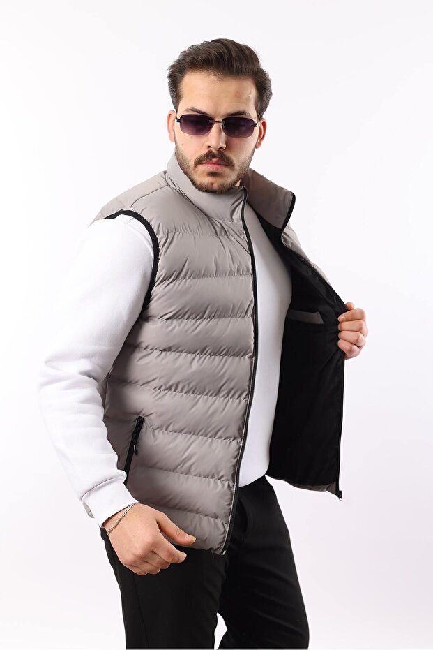 Men's Sleeveless Zippered Pocket Basic Smoked Puffer Vest