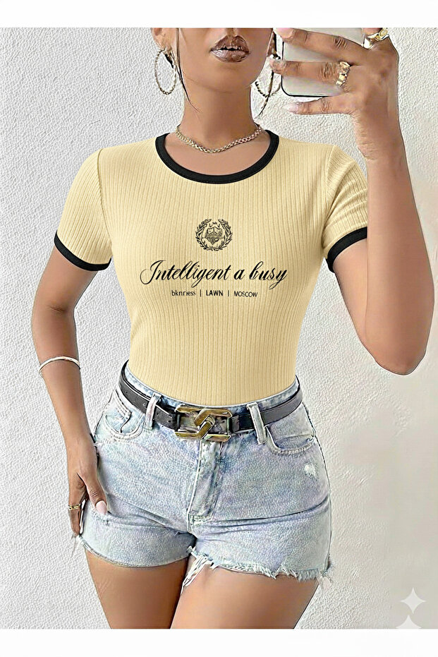 Women's Crew Neck Basic Slim Fit Short Sleeve Body Full Stretch Fabric Full Fit Length 55 cm