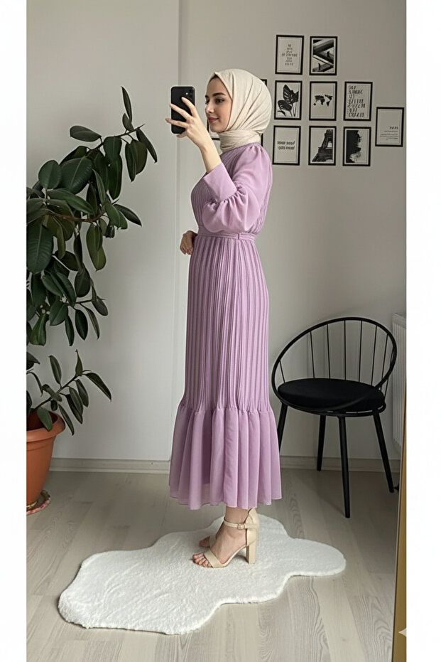 Piliseli Şifon Elbise - 3