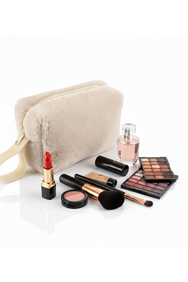 Ns Soft Charm Makeup Bag Plush Daily Makeup Bag Compact Design-16X10X6.50 cm Cream