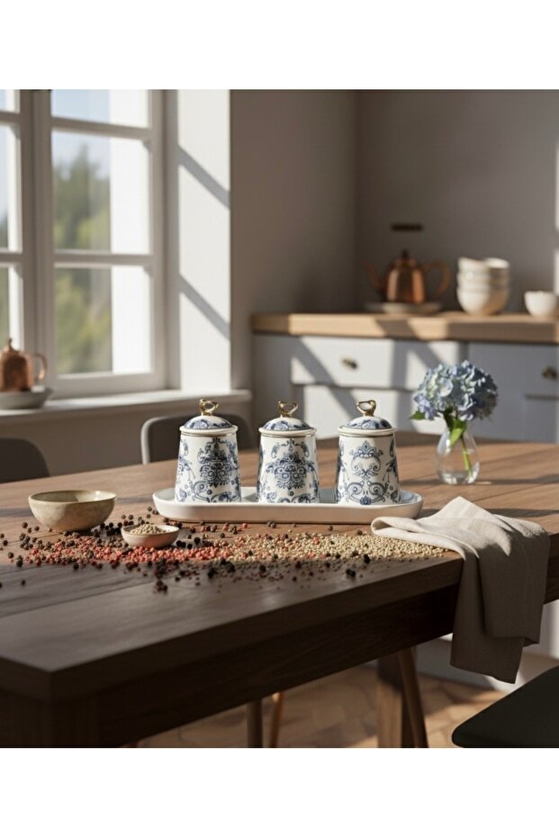 Maisone 3-Piece Embroidered Ceramic Jar Spice Rack Set – Storage Container with Stand and Lid