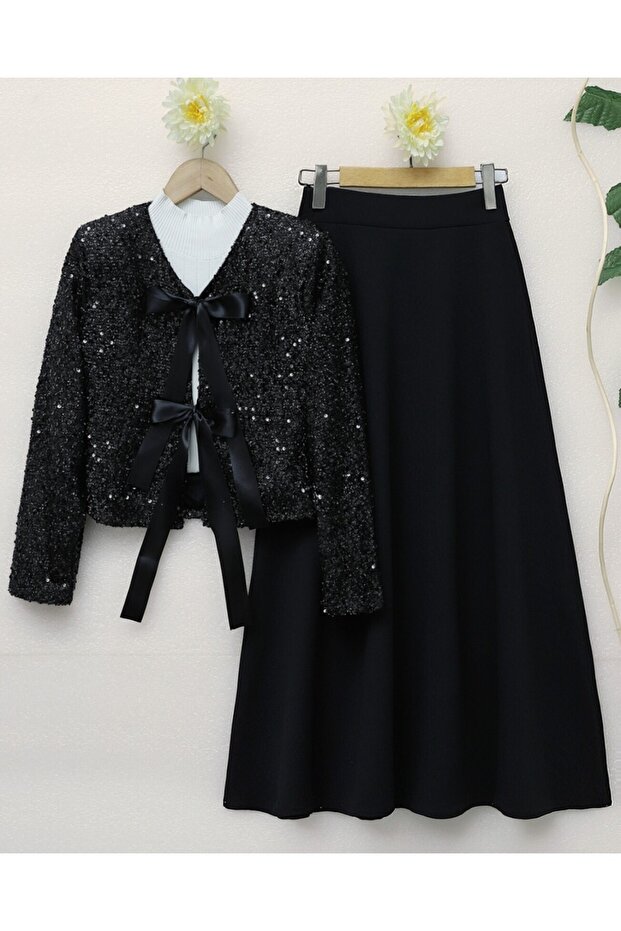 Sequin Sequined Jacket and Flared Skirt Set - 3