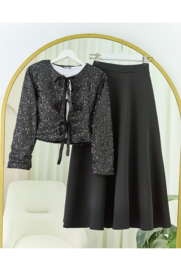 Sequin Sequined Jacket and Flared Skirt Set - 2