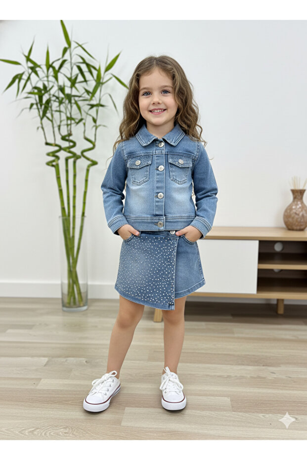Girl's Stone Detailed Denim Jacket Shorts Set