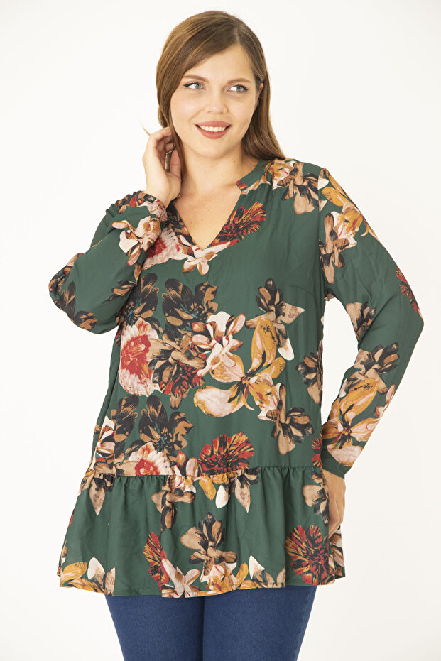 Women's Large Size Green V-neck Hemline Layered Lined Chiffon Tunic 65N36955