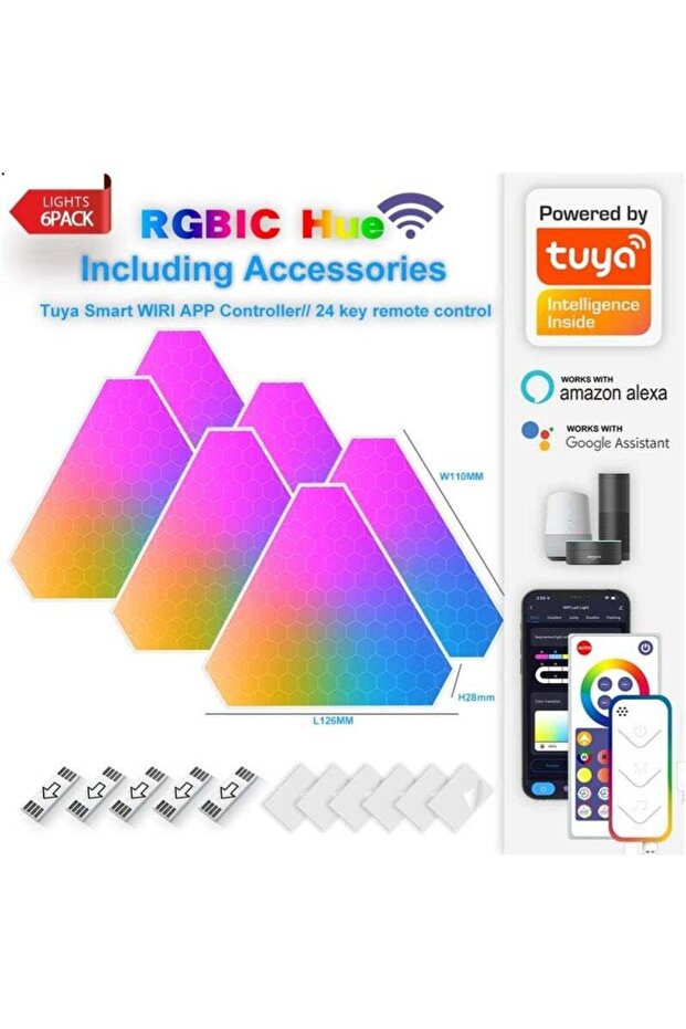 لوحات حائط LED RGB من Smart Triange، واي فاي، مزامنة الموسيقى، 6 قطع
