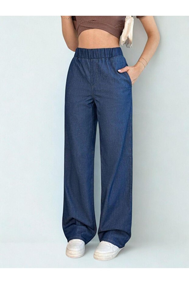 Women's High Waist Elastic Baggy Trousers Navy Blue