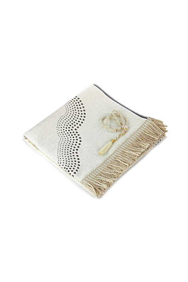 سجادة صلاة من الشنيل المسطح منقوشة باللون الكريمي - 6