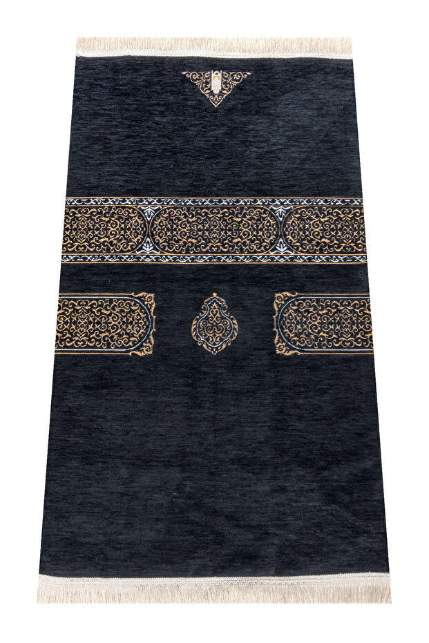 Kaaba Blanket Patterned Chenille Prayer Rug - Black Color