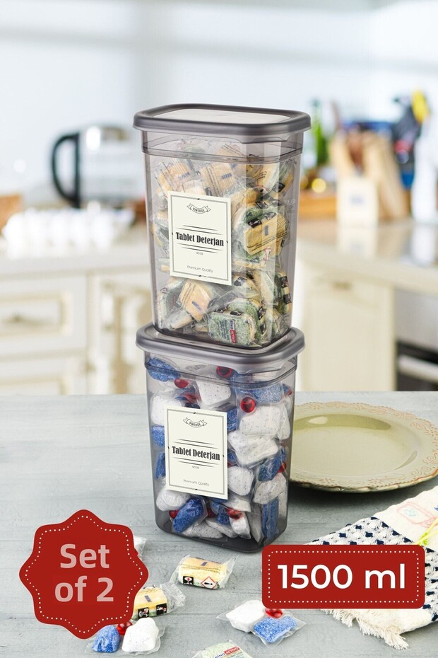 Labeled 1500 ml 2-Piece Peggy Rectangular Detergent Storage Container Set Anthracite