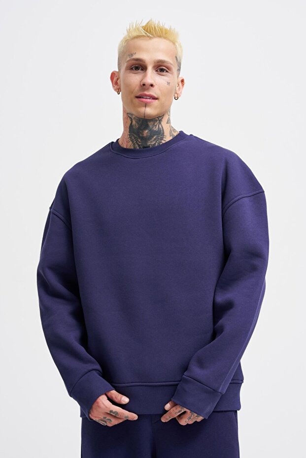 Erkek Basic Bisiklet Yaka Oversize Lacivert Sweatshirt - 2