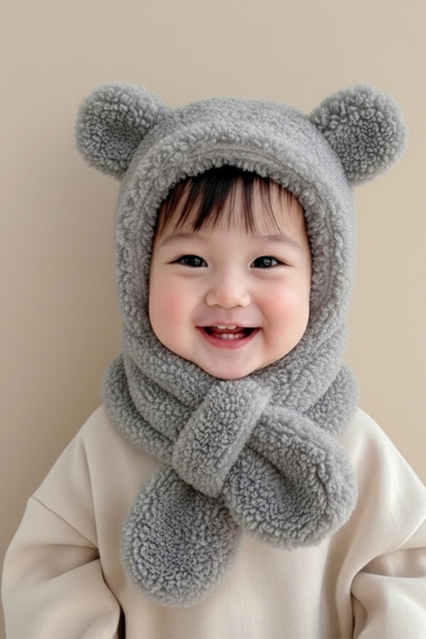 Avisse Gray 3-6 Years Old Children Hooded Plush Beret Scarf Welsoft Neck Collar Windproof Hat with Ears