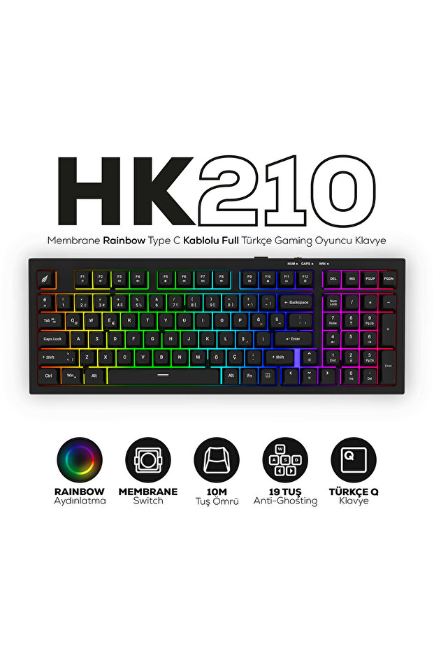 Hawk Gaming Chair HK210 Membrane Rainbow Type C to USB Kablolu Siyah Full Türkçe Gaming Oyuncu Klavye