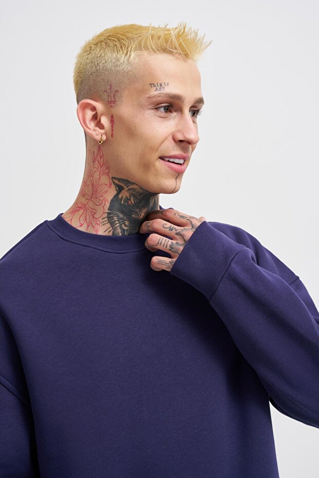 Erkek Basic Bisiklet Yaka Oversize Lacivert Sweatshirt - 3