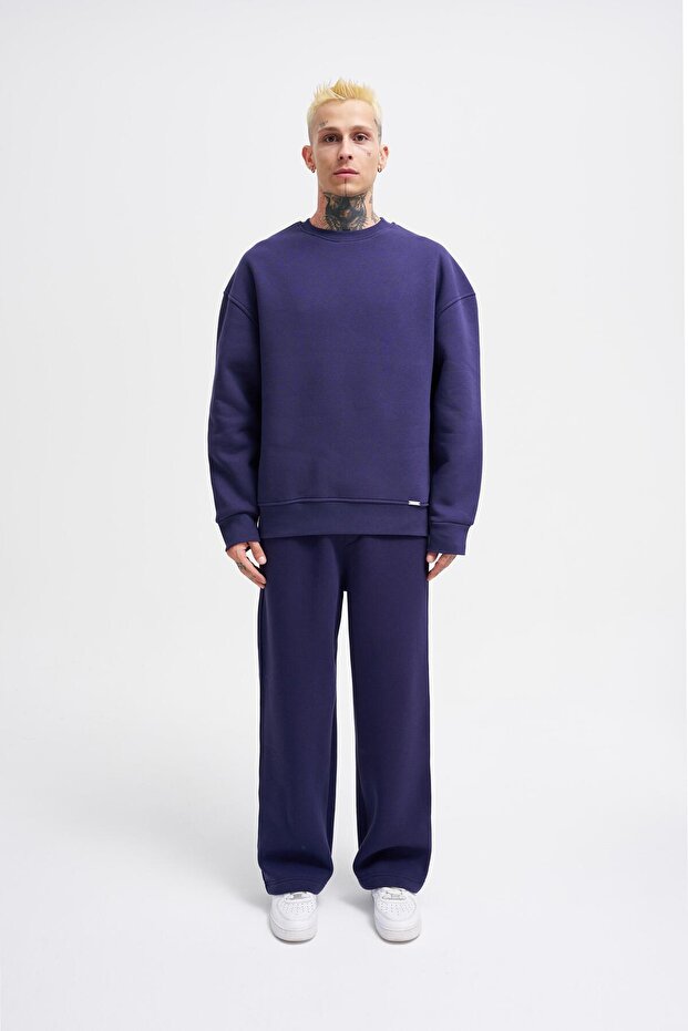 Erkek Basic Bisiklet Yaka Oversize Lacivert Sweatshirt - 4