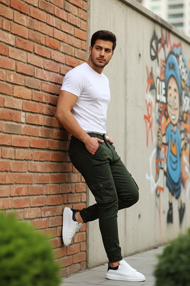 Erkek Basic Kargo Cepli Lastikli Paça Haki Pantolon - 5