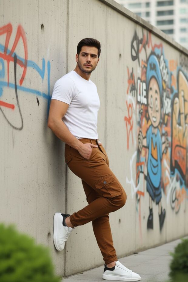 Erkek Basic Kargo Cepli Lastikli Paça Camel Pantolon - 6