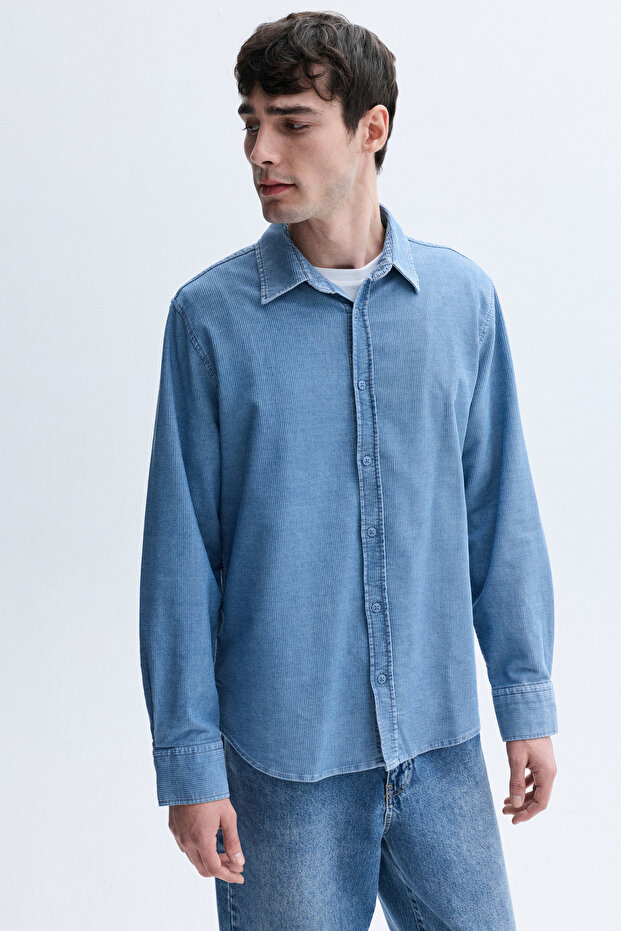 Men's Blue Regular Fit Long Sleeve Velvet Textured Shirt
