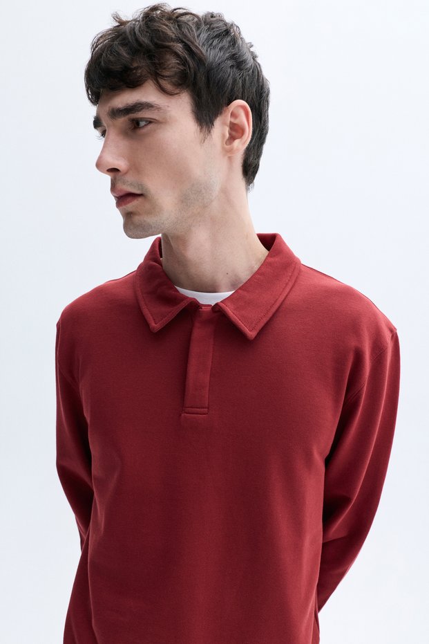 Men's Burgundy Loose Fit Buttoned Stand Collar Sweatshirt