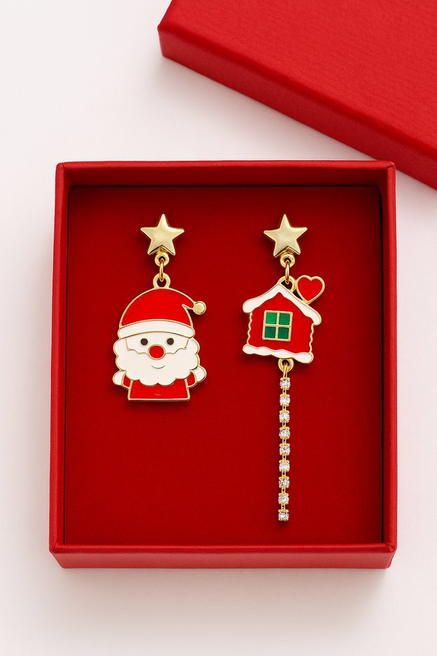 Christmas Figures Santa Claus and Cookie House Dangle Earrings