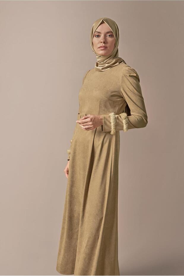 Suede Dress with Sleeves and Feather Detail 41183