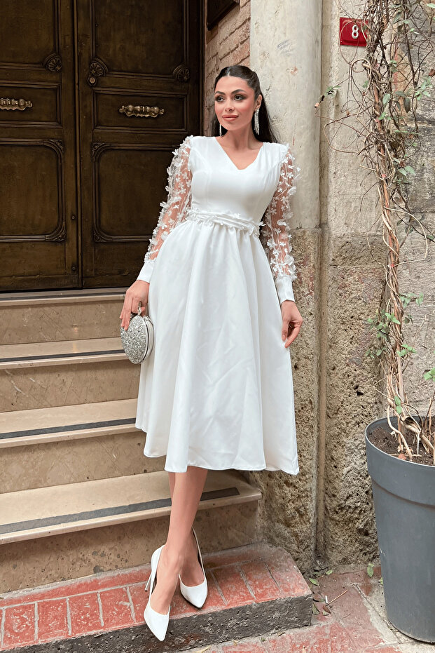 Double Fabric 3D Floral Sleeve Dress - White
