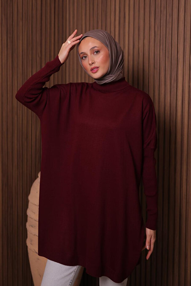 Kadın Dik Yaka Basic 80cm Salaş Oversize Triko Tunik 1145 - 2