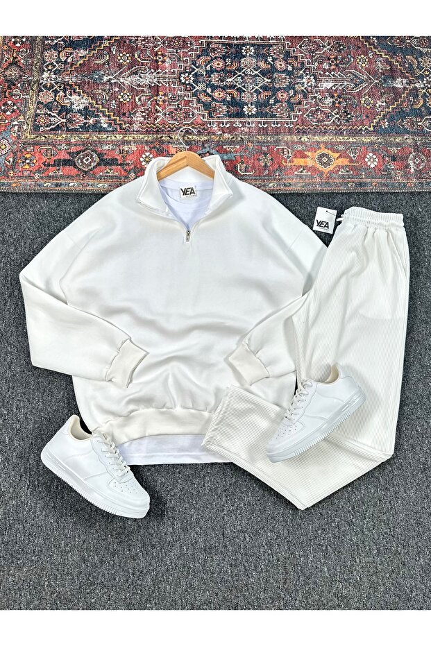 Three Thread Plain D Mock Neck Half Zipper Sweat and Ottoman Fabric Pants Set of 2