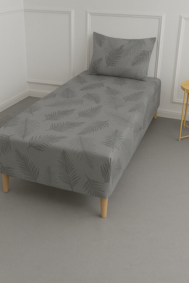 طقم ملاءات سرير مطاطية منقوشة بالريش باللون الرمادي لشخص واحد - 1