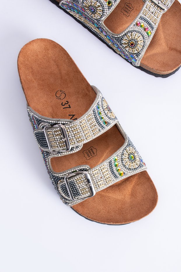 Bloom Women's Orthopedic Eva Sole Comfort Stone Diamond Embroidered Slippers Double Strap Buckle Casual Slippers