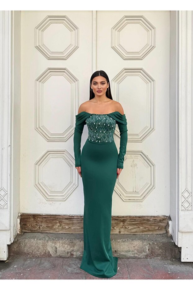 Body-Hugging Sequined Long Evening Dress False Sleeves 583329 Emerald