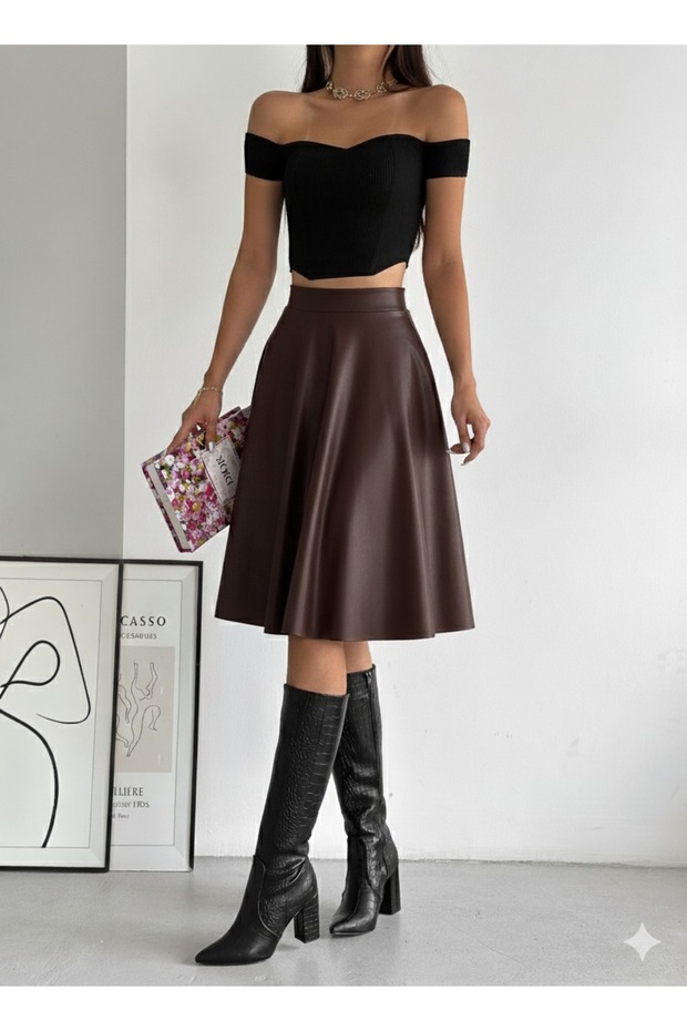 Deri Midi Kloş Etek - 2