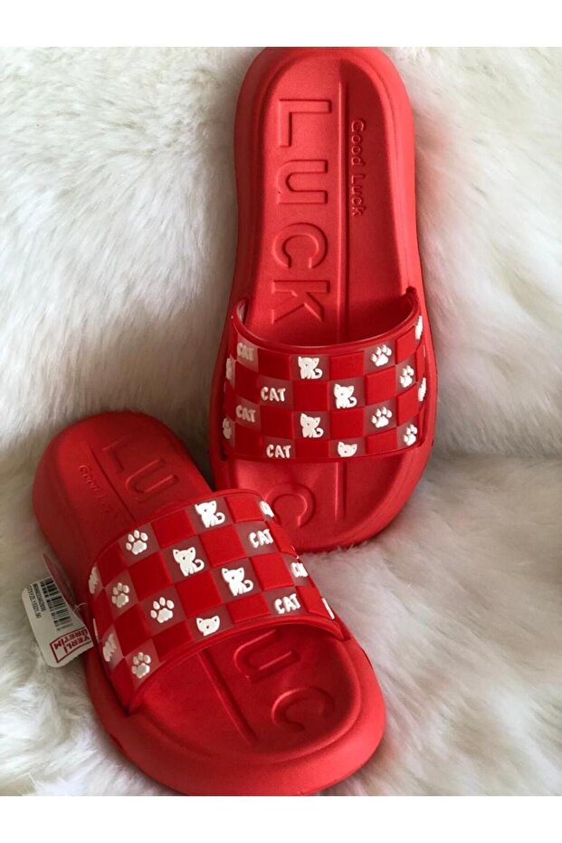 Summer Women's Red Cat and Paw Patterned Soft Sole Lightweight Women's Slippers