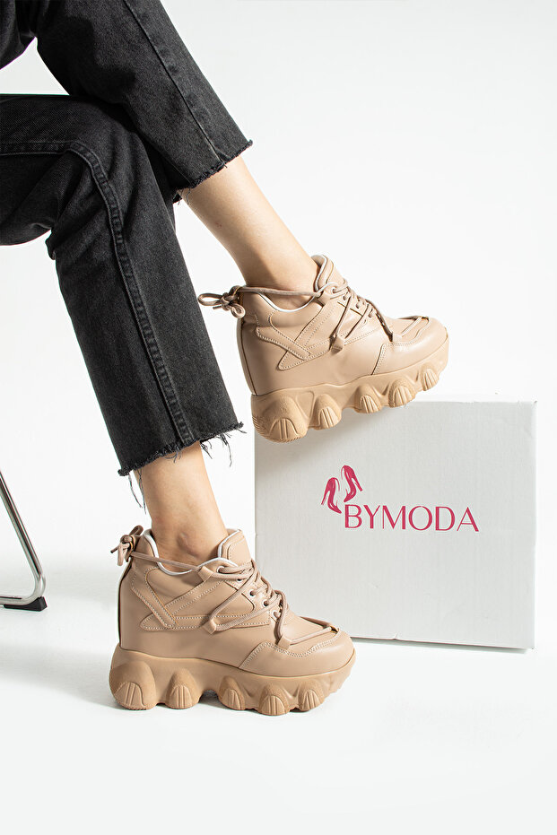 New Season Nut & Dark Beige Hidden Wedge Heeled Sneakers Heel Height Total 10 cm