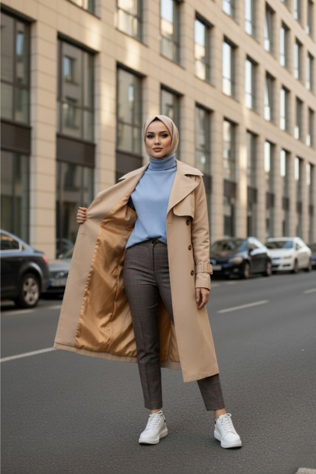 Light Beige - 100% Cotton Long (110cm) Lined Women's Hijab Trench Coat 1111-Tes