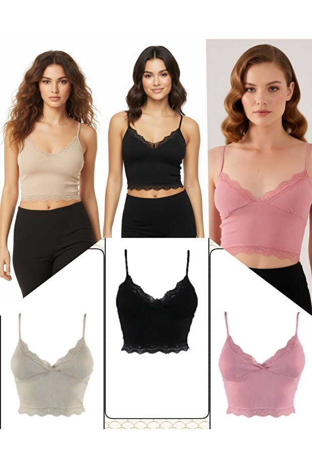 3-Piece Crop Set with Straps, Lace and Padded Bustier Bralette, 95% Cotton (1- Stone, 1-Pink, 1-Black)