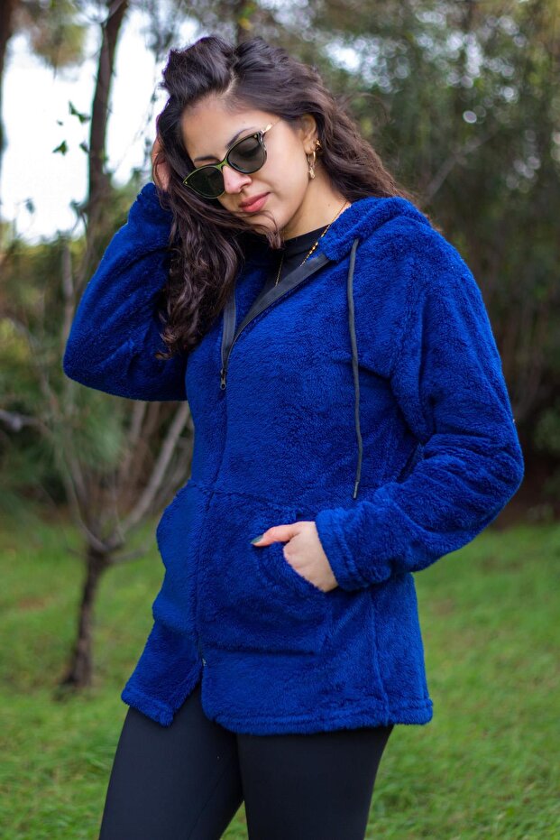 Women's Cobalt Blue Dark Blue Plush Thick Zippered Hooded Pocket Jacket 23KCKTMY50