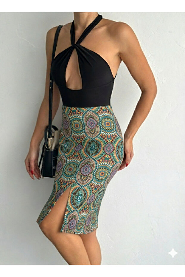 Women's Elastic Waist Front Slit Pencil Lycra Fabric Midi Length Skirt