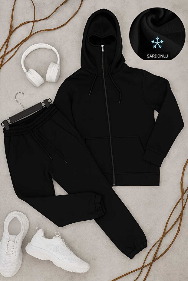 طقم بدلة رياضية شتوية سميكة من القطن الأساسي بثلاث خيوط مع سحاب - 2