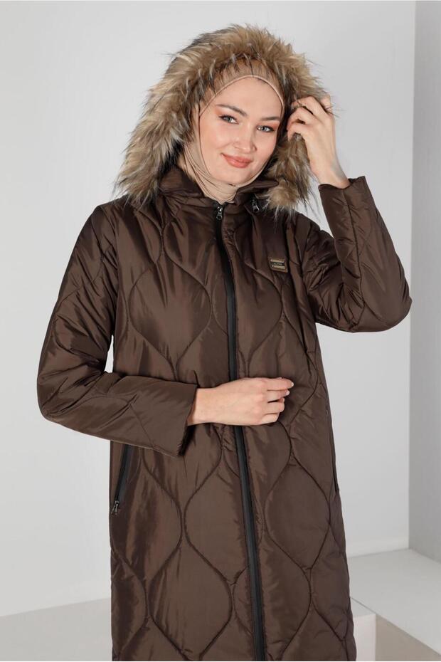 Plus Size Puffer Coat with Fur Hood 90333